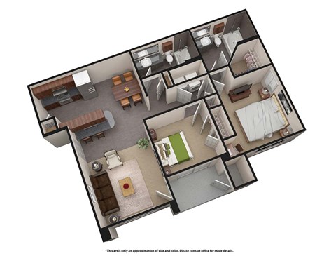 A 3D floor plan of a house with multiple rooms.